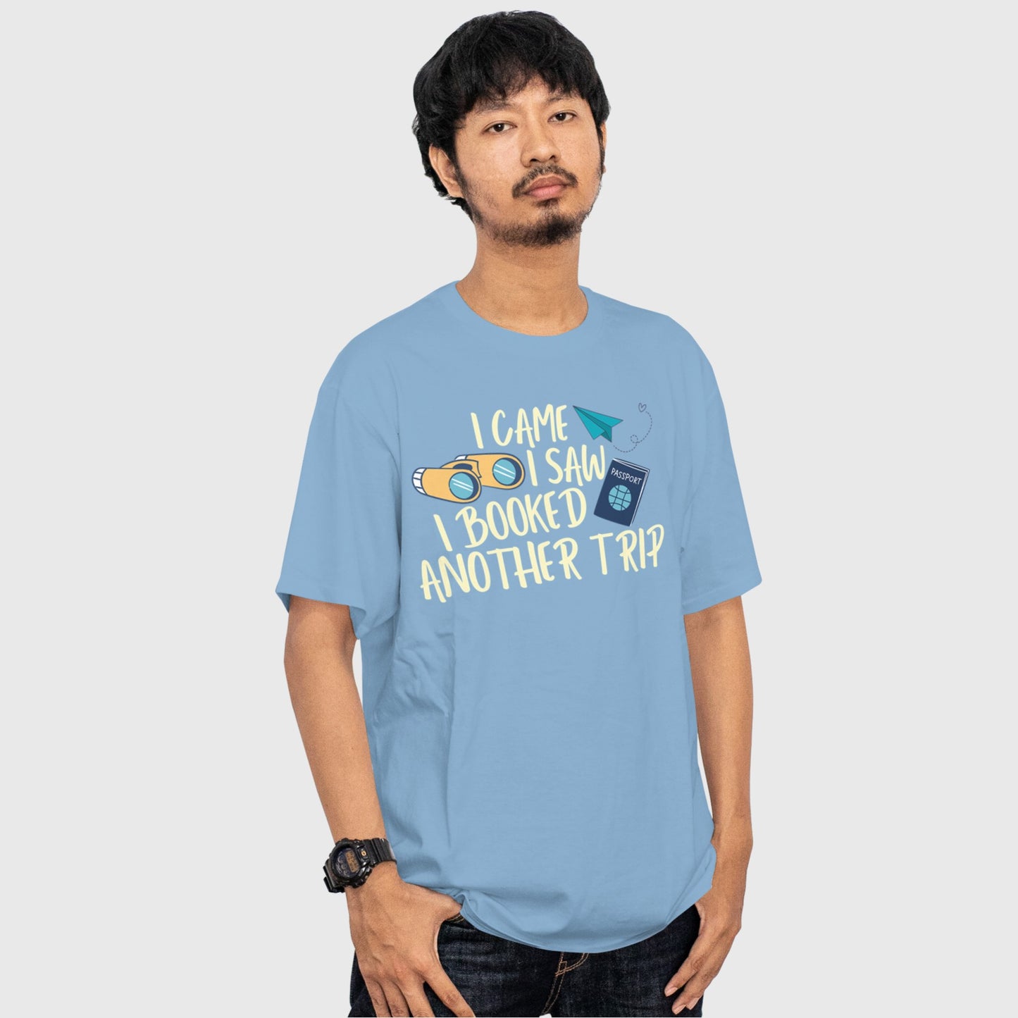 Travel-inspired tee with passport and camera illustration for wanderlust lovers