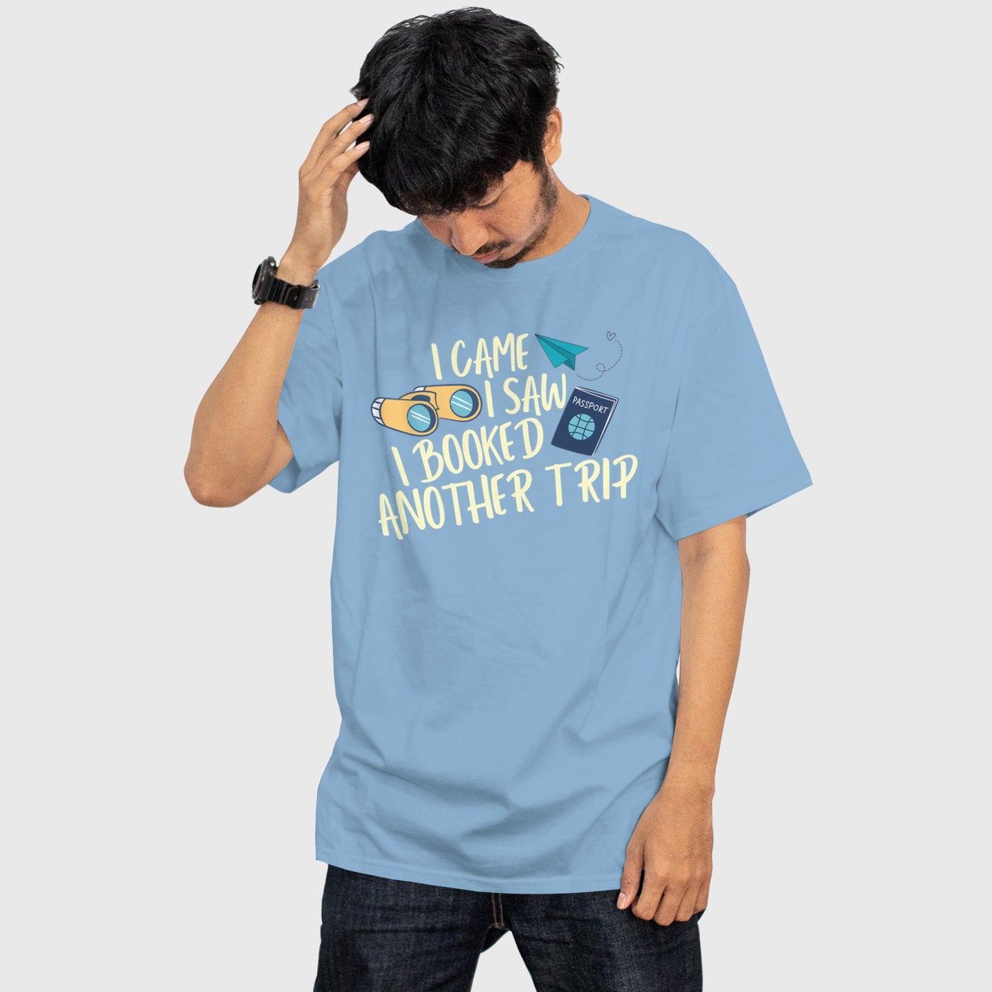 Light blue cotton unisex t-shirt perfect for airports and adventures