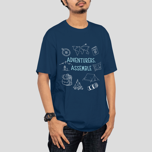 Adventurers assemble oversized T-shirt