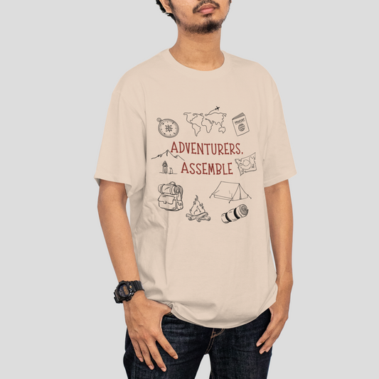 Adventurers assemble oversized T-shirt