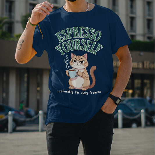 funny coffee t-shirt with grumpy cat holding espresso cup front view