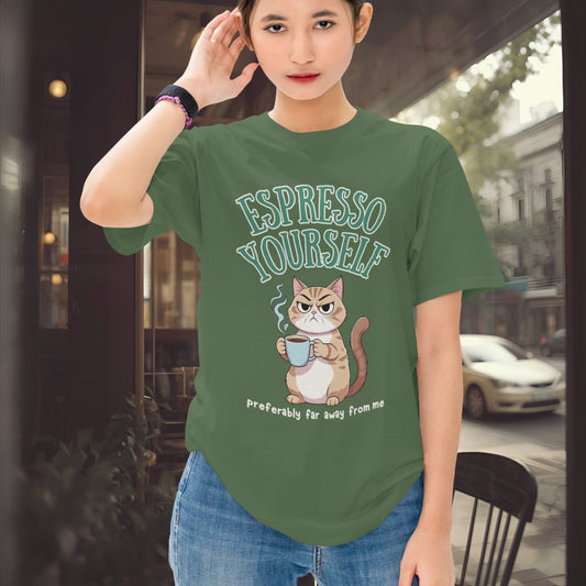 close-up of grumpy cat espresso cup print on funny coffee t-shirt