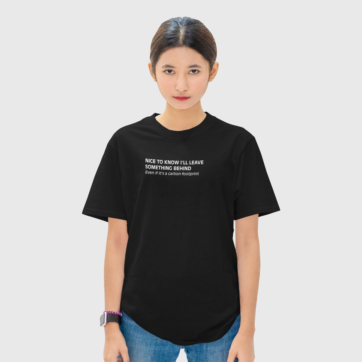 Minimalist black unisex oversized T-shirt with a dry and understated sense of humor