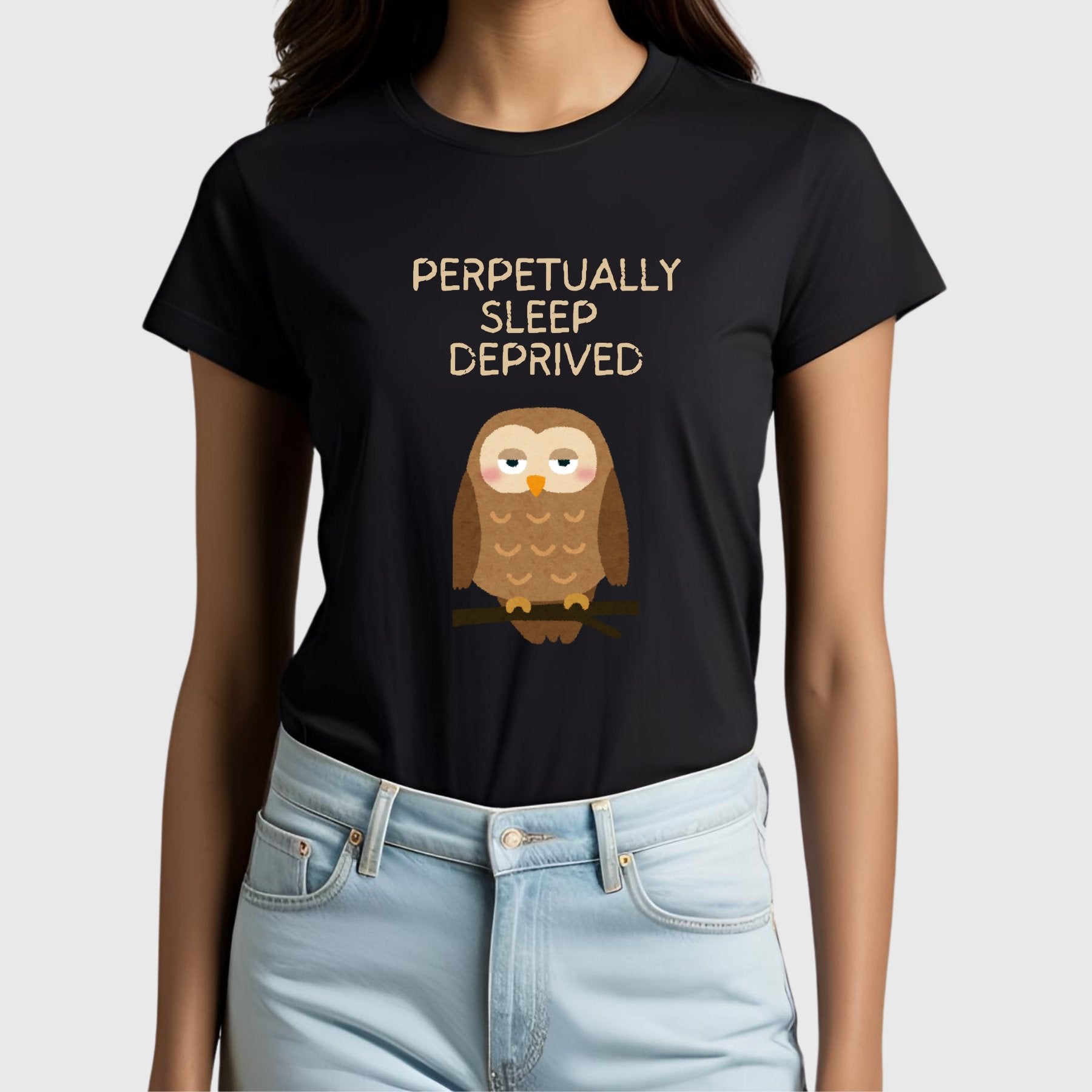 Model wearing a funny sleep-deprived women’s t-shirt with quote “Perpetually Sleep Deprived” from The Grumpy Ninja’s Moodwear Collection.