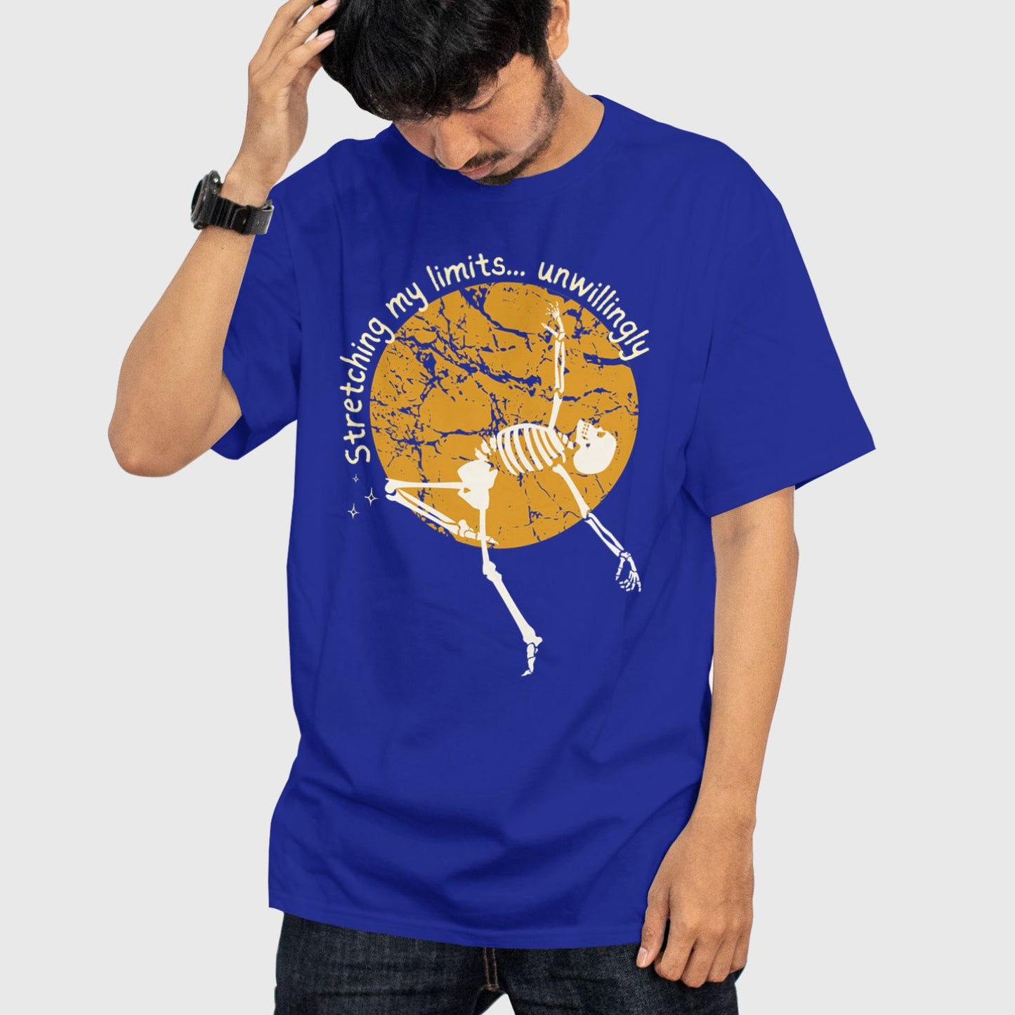 Model wearing “Stretching Limits” funny oversized t-shirt from The Grumpy Ninja’s Moodwear Collection.