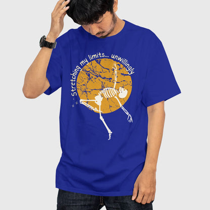 Model wearing “Stretching Limits” funny oversized t-shirt from The Grumpy Ninja’s Moodwear Collection.