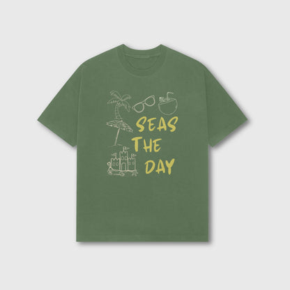 Beach vacation shirt “Seas the Day” by The Grumpy Ninja, made for travel lovers.