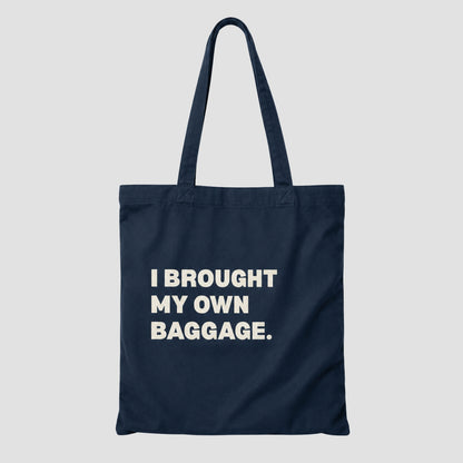 blue zipper tote bag featuring a humorous baggage-themed statement design