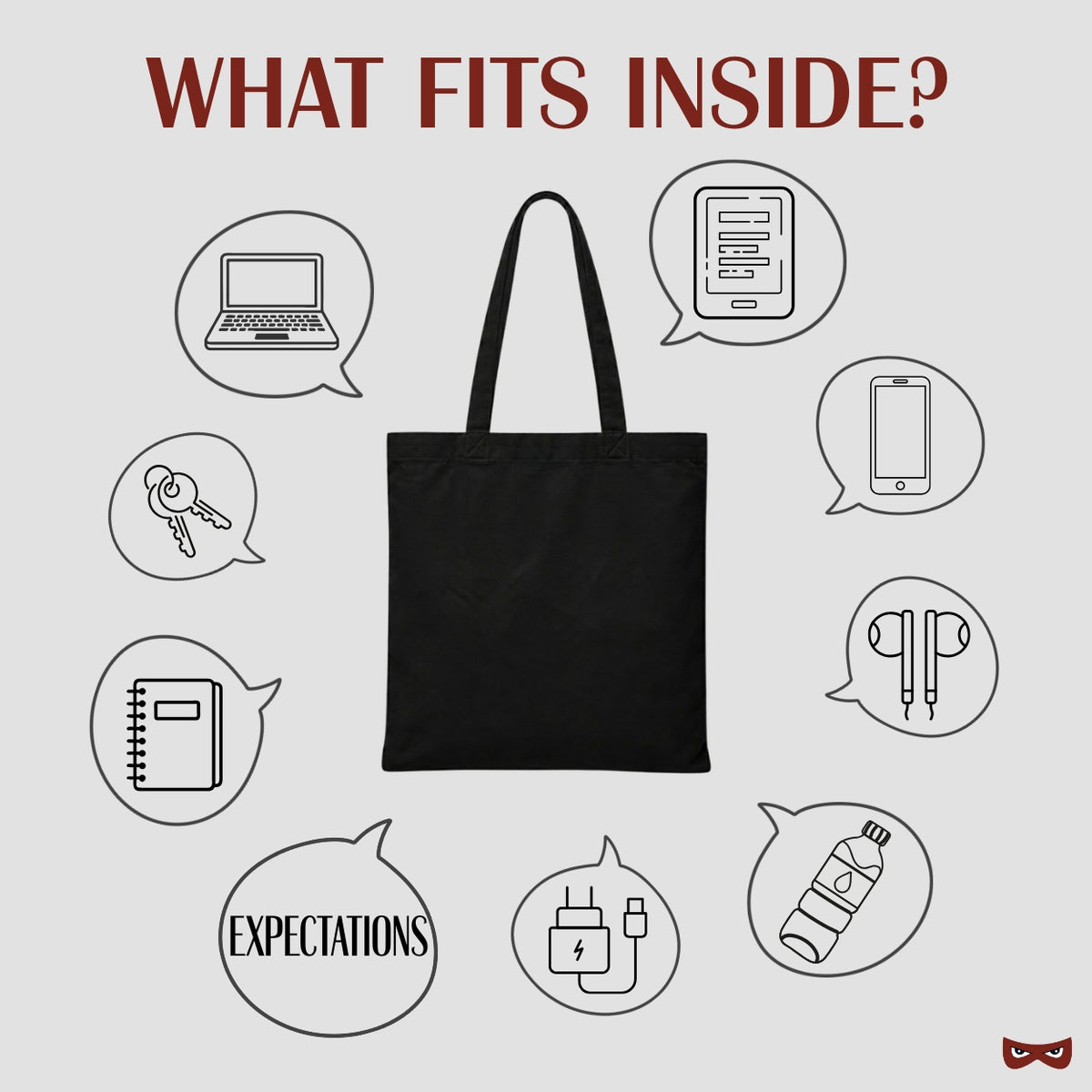 canvas tote bag showing everyday essentials that fit inside, including books, laptop and personal items