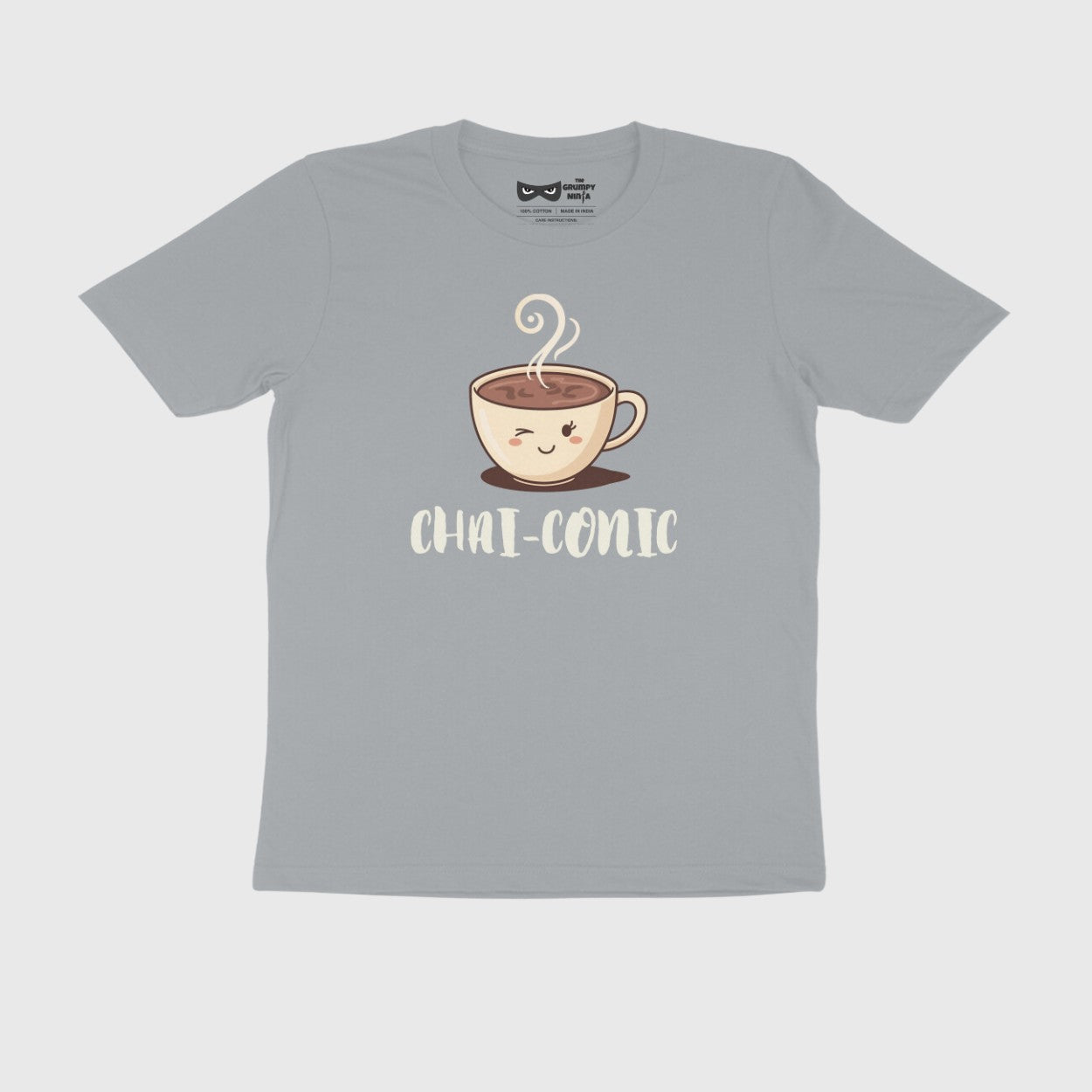 Gray t-shirt with a cartoon chai cup design and 'Chai-ronic' text on a white background