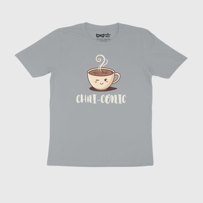 Gray t-shirt with a cartoon chai cup design and 'Chai-ronic' text on a white background