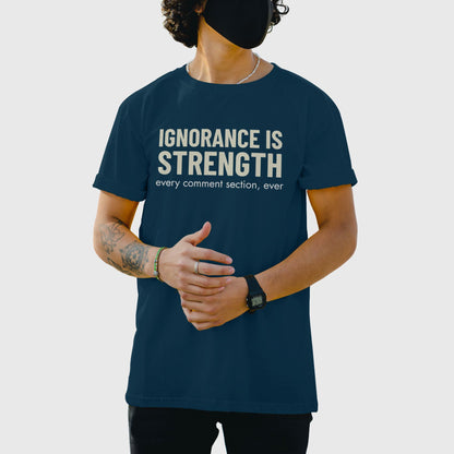 cyberpunk style dystopian t shirt featuring orwell quote ignorance is strength for dark humor fans