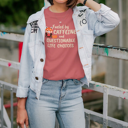 Model wearing “Fueled by Caffeine and questionable life choices” funny coffee t-shirt for caffeine lovers and overthinkers.