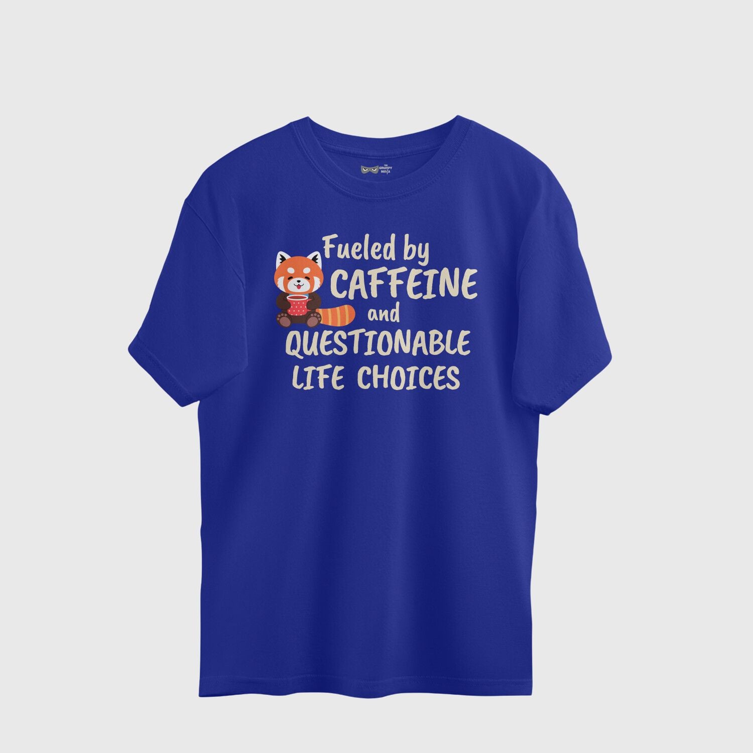 Close-up of the quote “Fueled by Caffeine” printed on a soft cotton funny coffee t-shirt.
