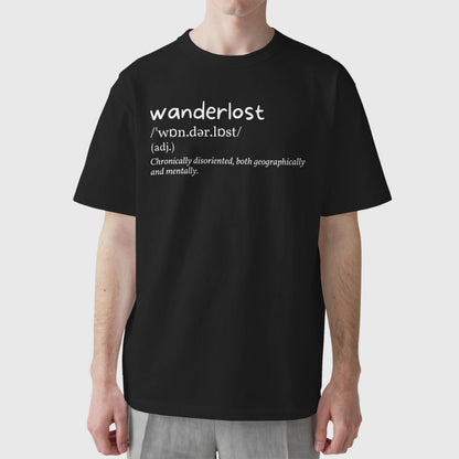 Funny travel shirt with “Wanderlost” definition print — ideal for travel addicts and daydreamers.