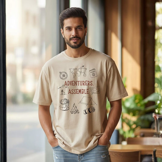 Travel graphic t-shirt with adventure-inspired “Adventurers Assemble” print.