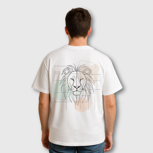 oversized t shirt with minimal line art lion graphic on back