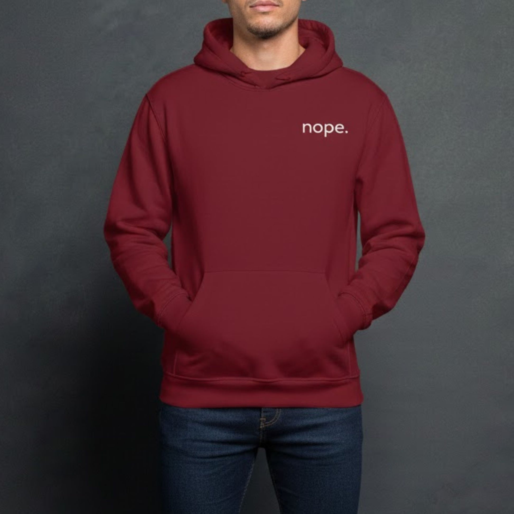 aesthetic cozy hoodie with a clean minimal winter style with nope written on it