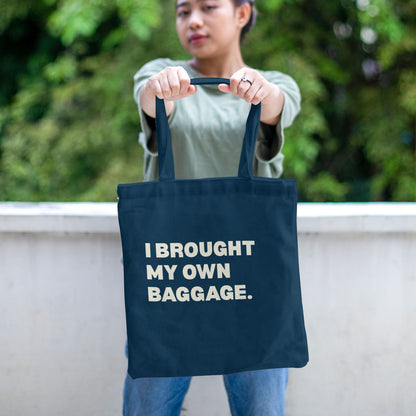 Sarcastic statement tote bag in blue canvas with a minimalist typography design