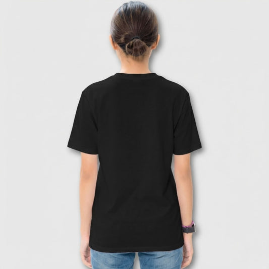 Back side of Woman wearing a funny black coffee quote t-shirt with a minimalist caffeinate slogan.