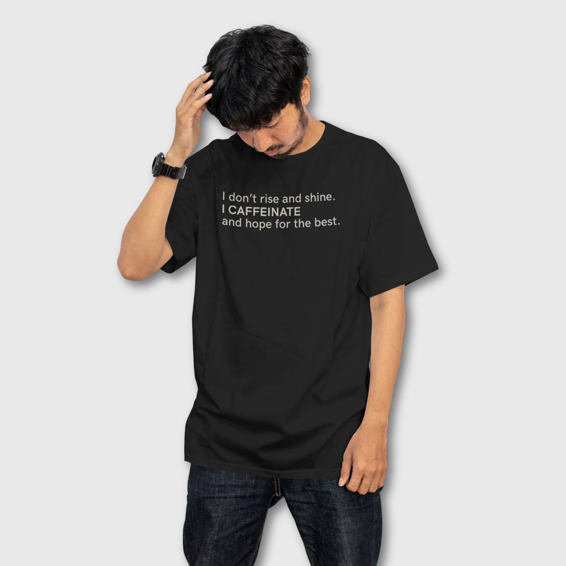 Relaxed fit oversized t-shirt featuring a sarcastic coffee quote for everyday wear.