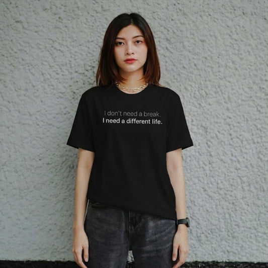 sarcastic t shirt with witty quote worn in casual outfit black tee full body view