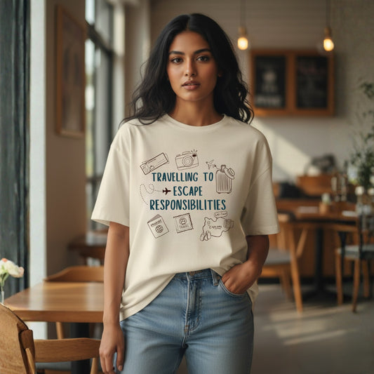 funny travel quote t shirt with doodle icons and text “Travelling to Escape Responsibilities”