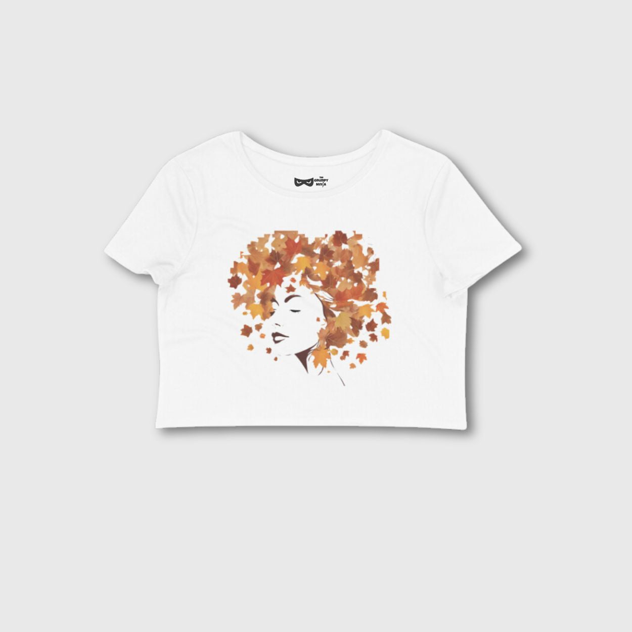aesthetic women’s crop top with soft white cotton and autumn leaf hair graphic
