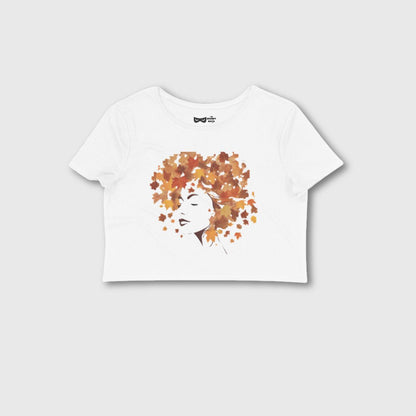 aesthetic women’s crop top with soft white cotton and autumn leaf hair graphic